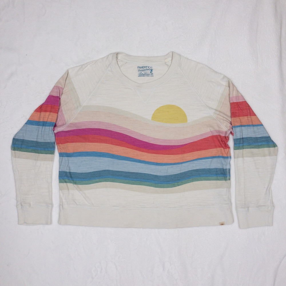 Faherty Sunwashed Sweatshirt Womens XL White Rainbow Wave Organic Cotton Sunset